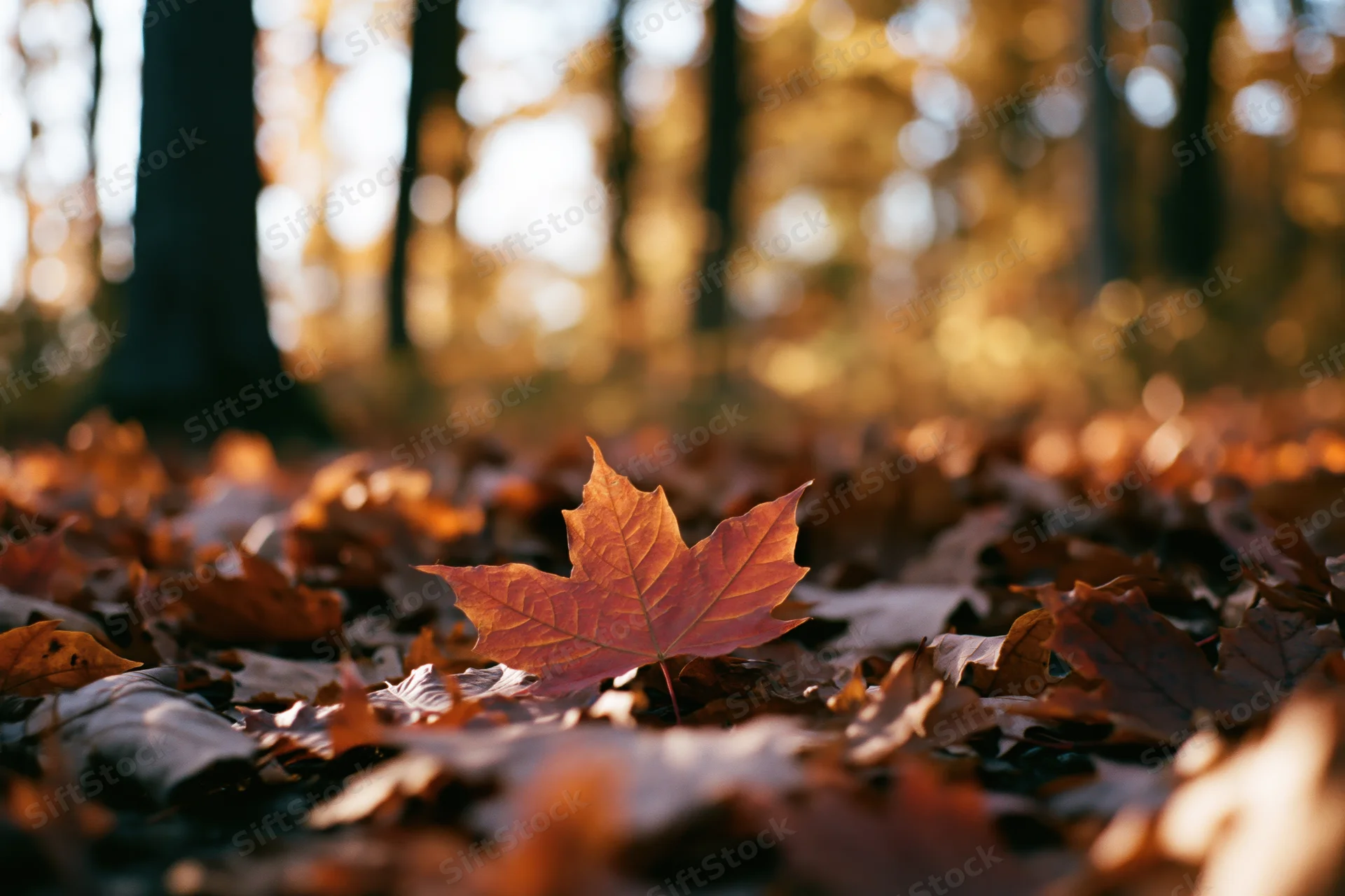 A red maple leaf resting on a bed of fallen leaves in a forest during autumn