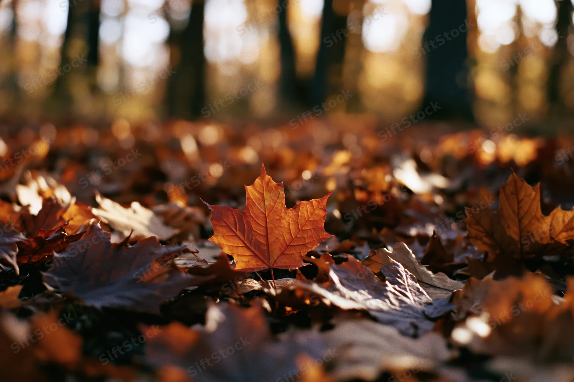 A single red maple leaf resting on a carpet of fallen leaves in a sunlit forest during autumn