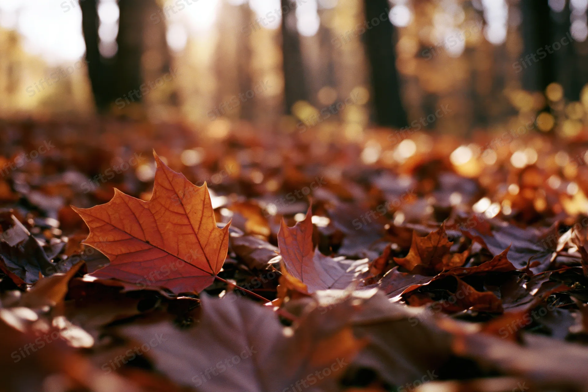 Fallen maple leaves covering forest floor in autumn sunlight