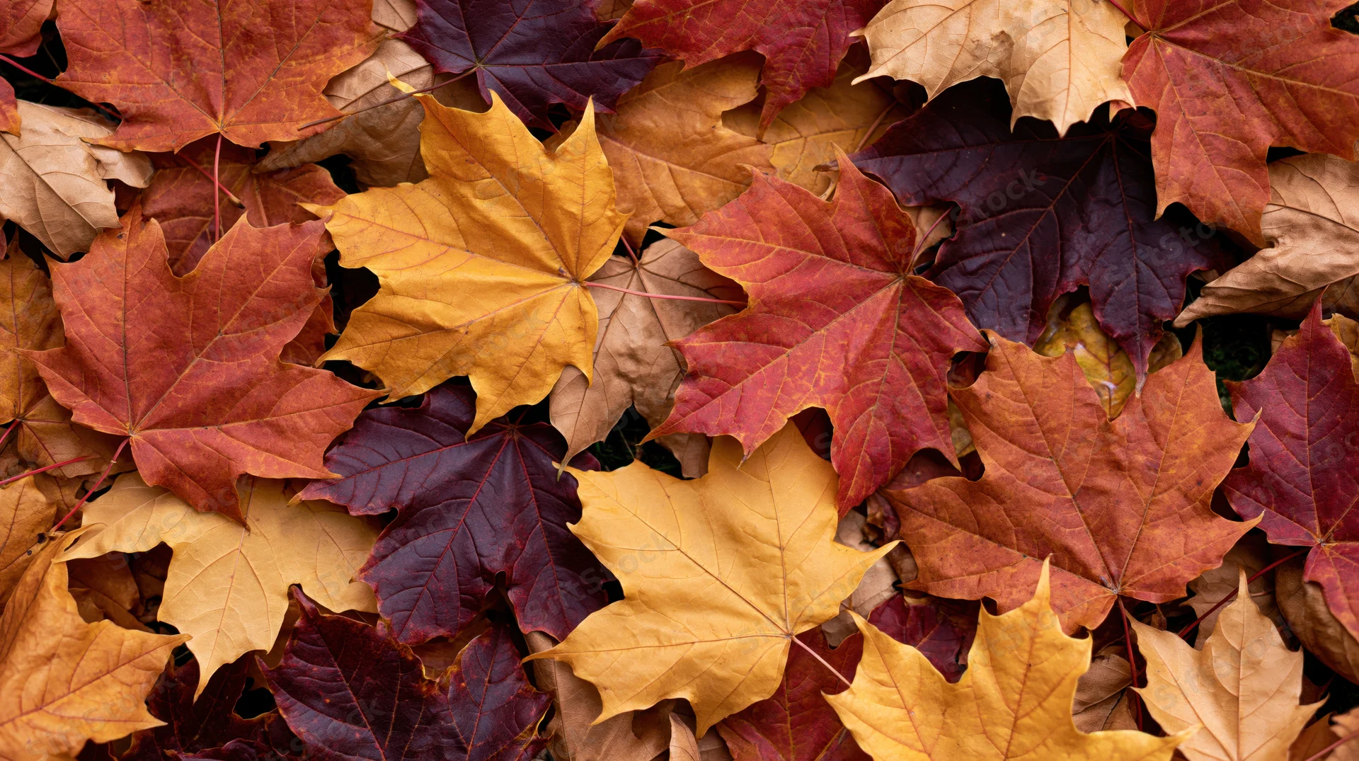 Dense layer of fallen maple leaves in autumn colors covering the ground