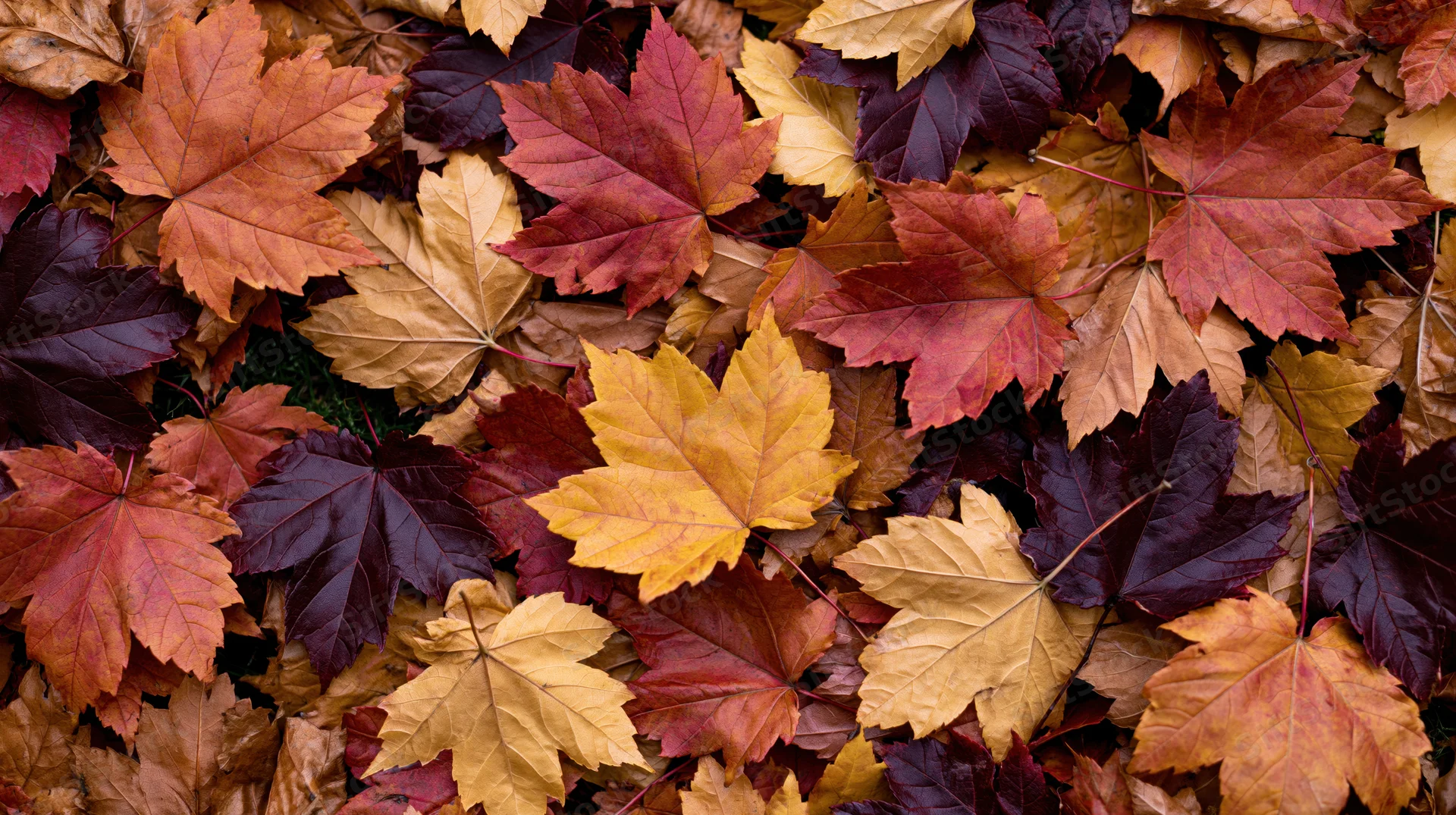 Densely layered maple leaves in autumn colors covering the ground