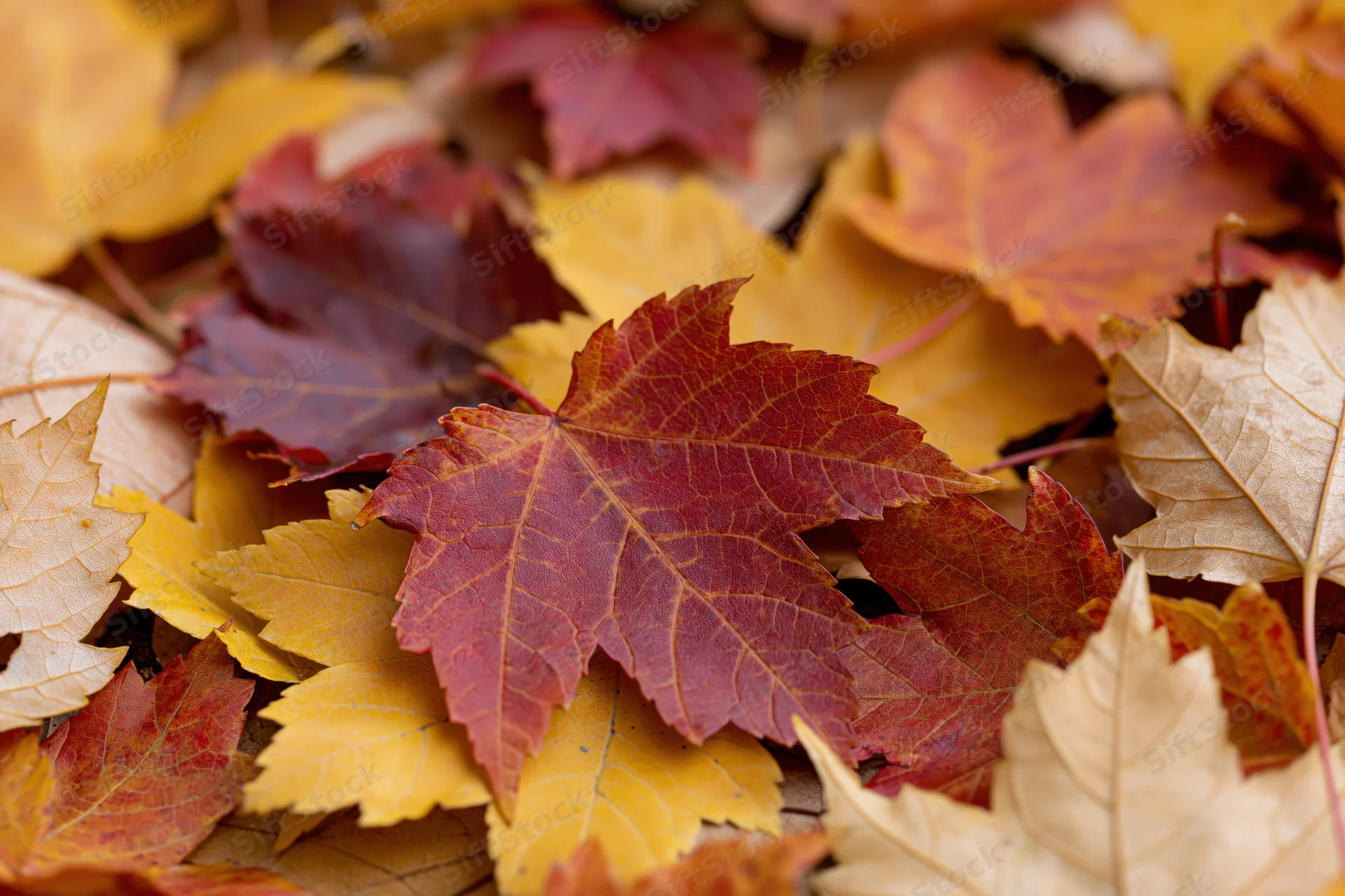 Fallen maple leaves layered and overlapping on the ground in autumn