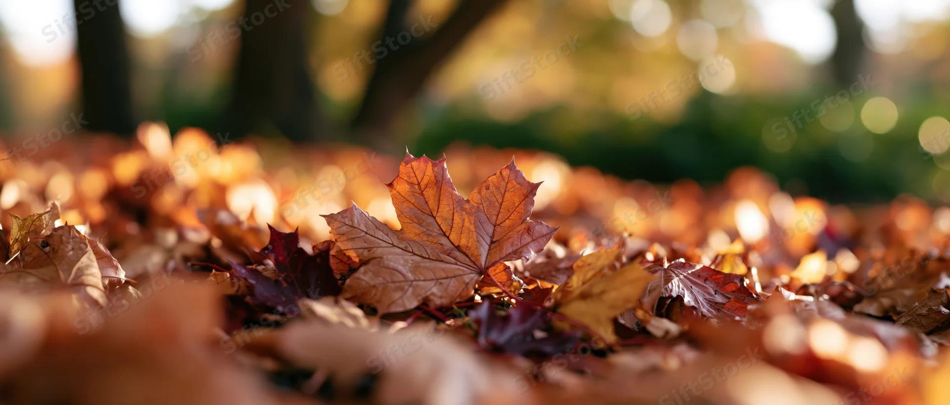 Fallen maple leaves scattered across ground in autumn park with sunlight filtering through trees