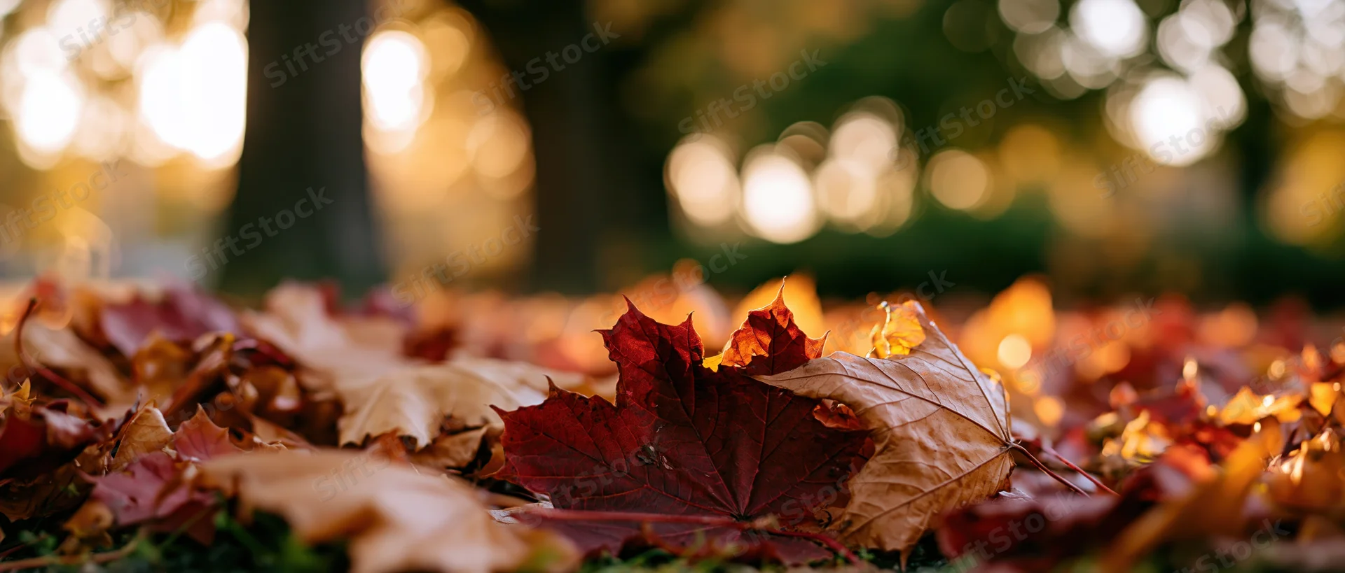 Fallen maple leaves scattered on the ground in an autumn park with warm sunlight and blurred trees in the background