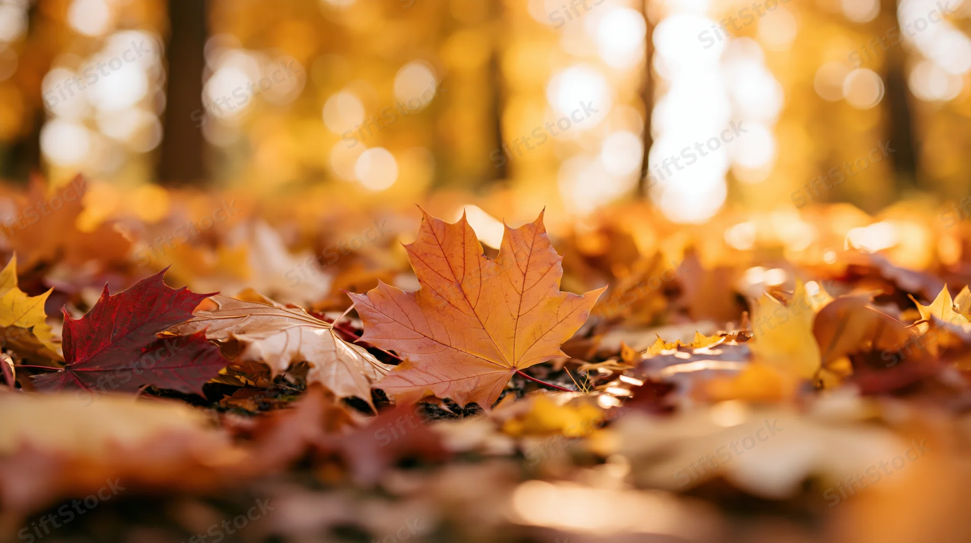Fallen maple leaves scattered across forest floor in autumn