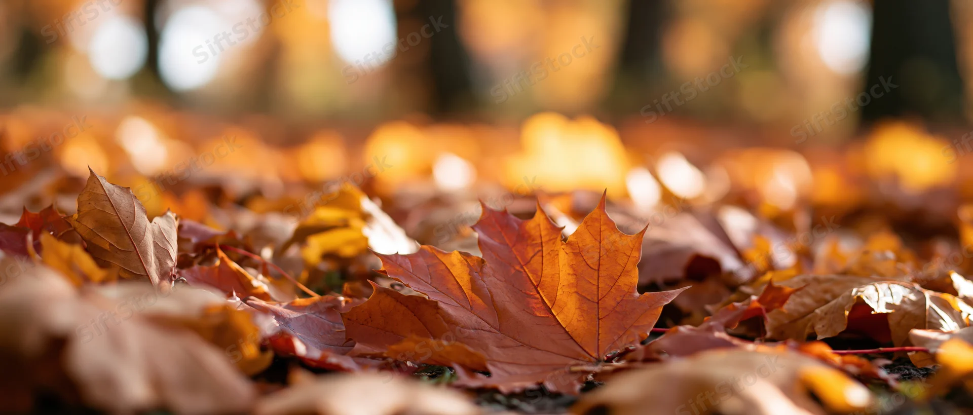 Fallen maple leaves scattered across forest floor in autumn