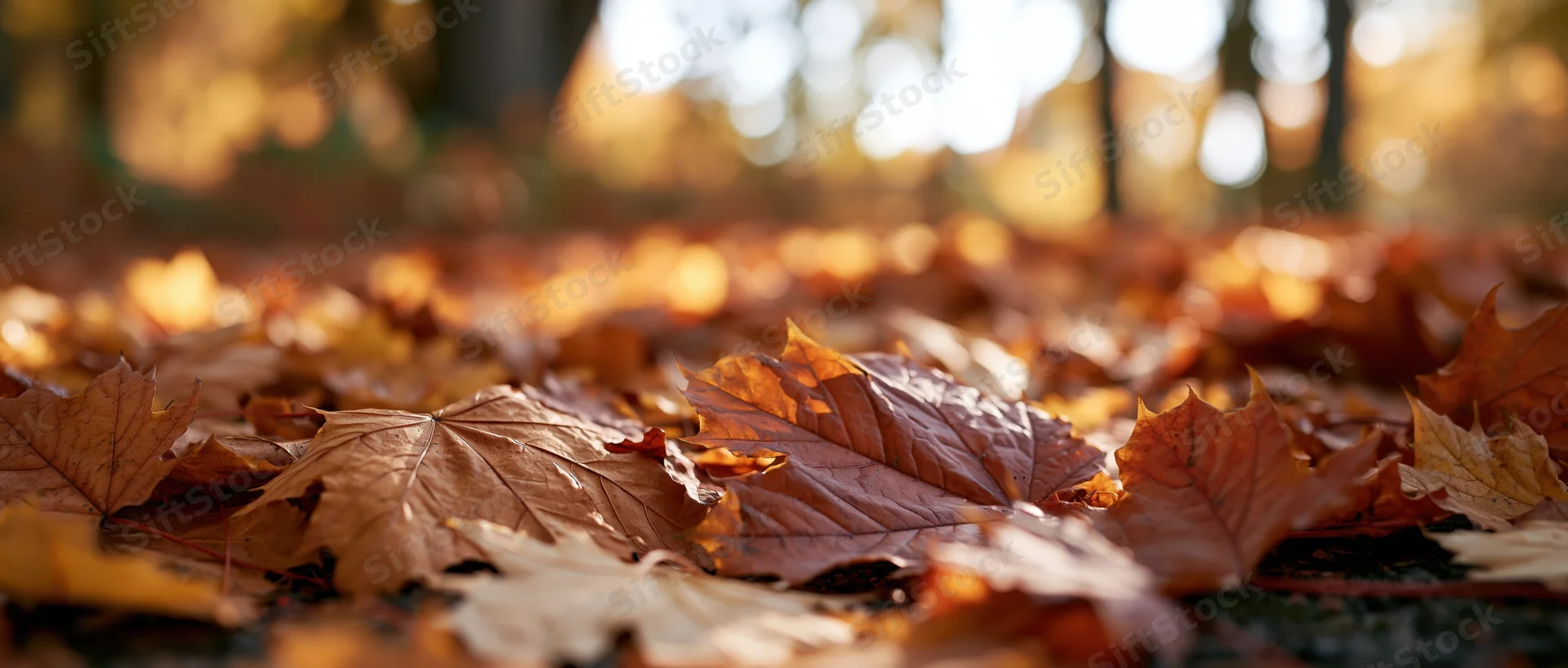 Fallen maple leaves scattered across forest floor in autumn