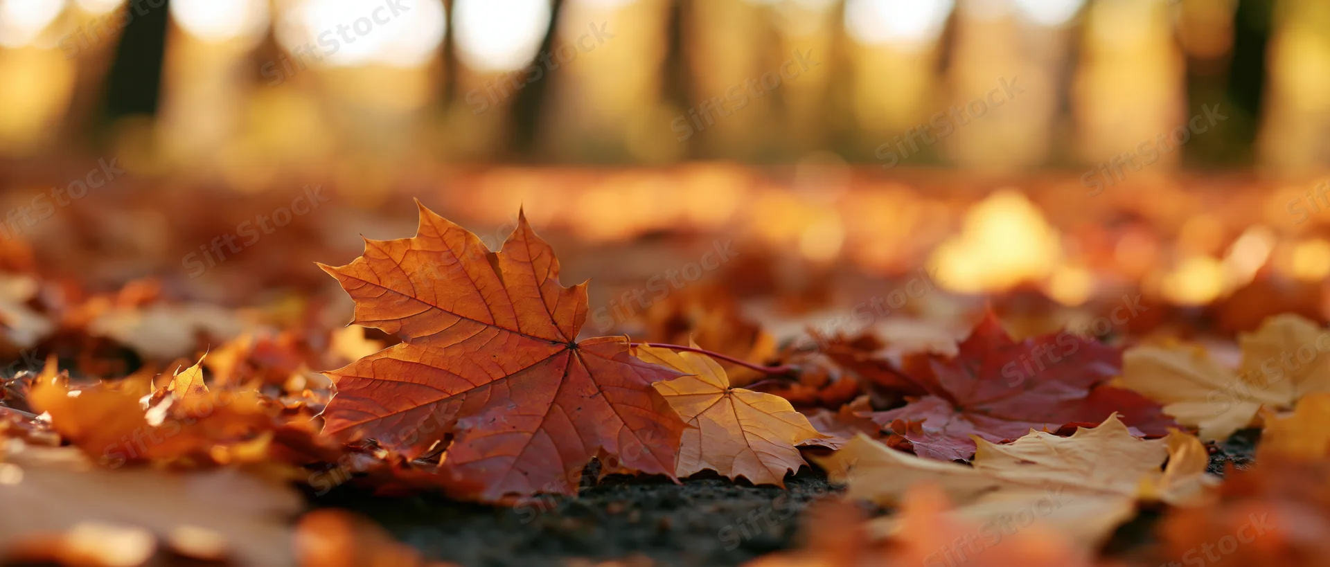 Fallen maple leaves scattered across forest floor in autumn