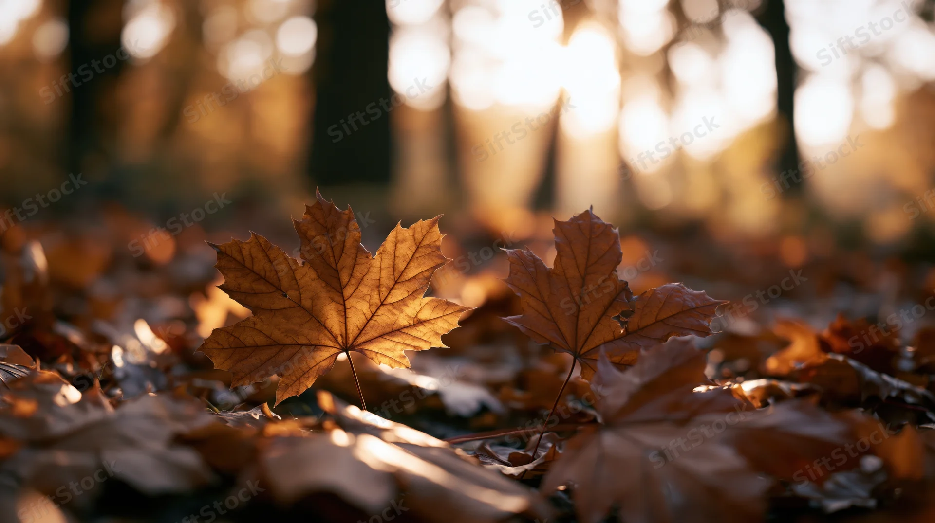 Golden maple leaves scattered on forest floor in autumn sunlight