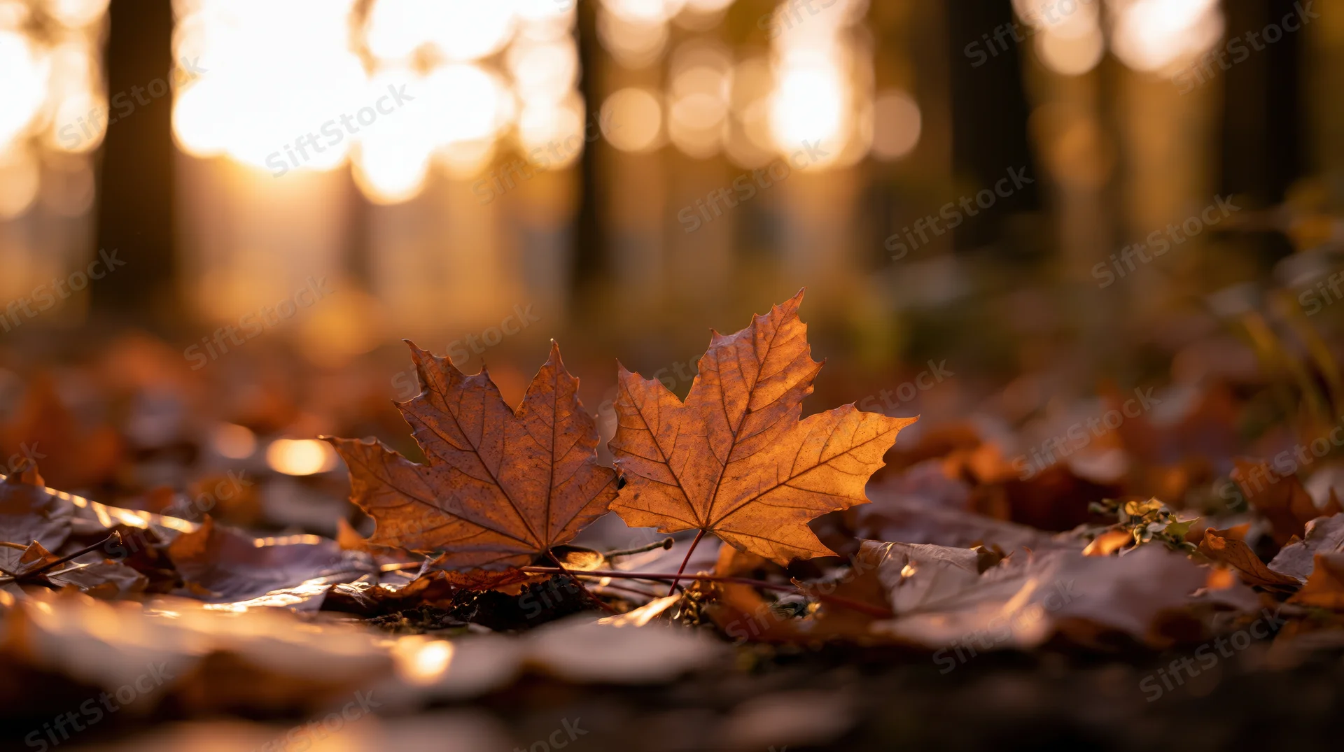 Two maple leaves resting on forest floor at sunset, surrounded by fallen foliage, backlit by warm golden light