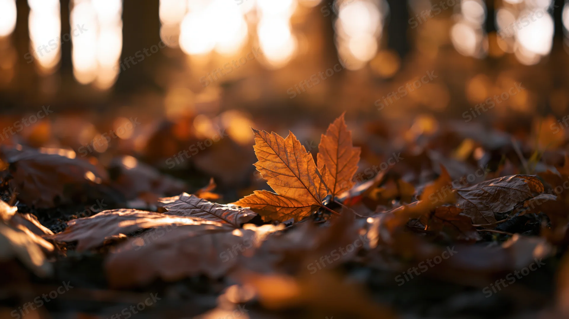 Golden maple leaf resting on forest floor covered in fallen leaves during autumn sunset