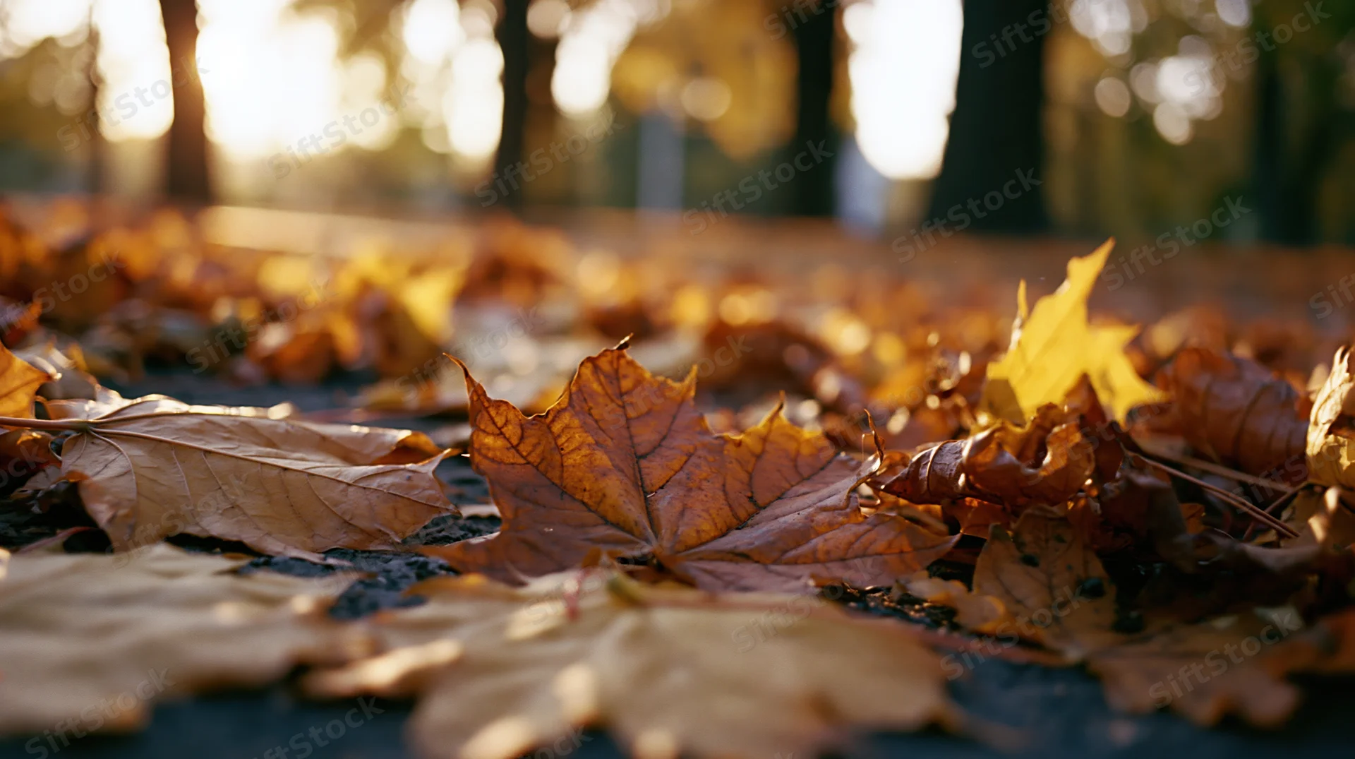 Fallen maple leaves scattered across a park path in autumn light