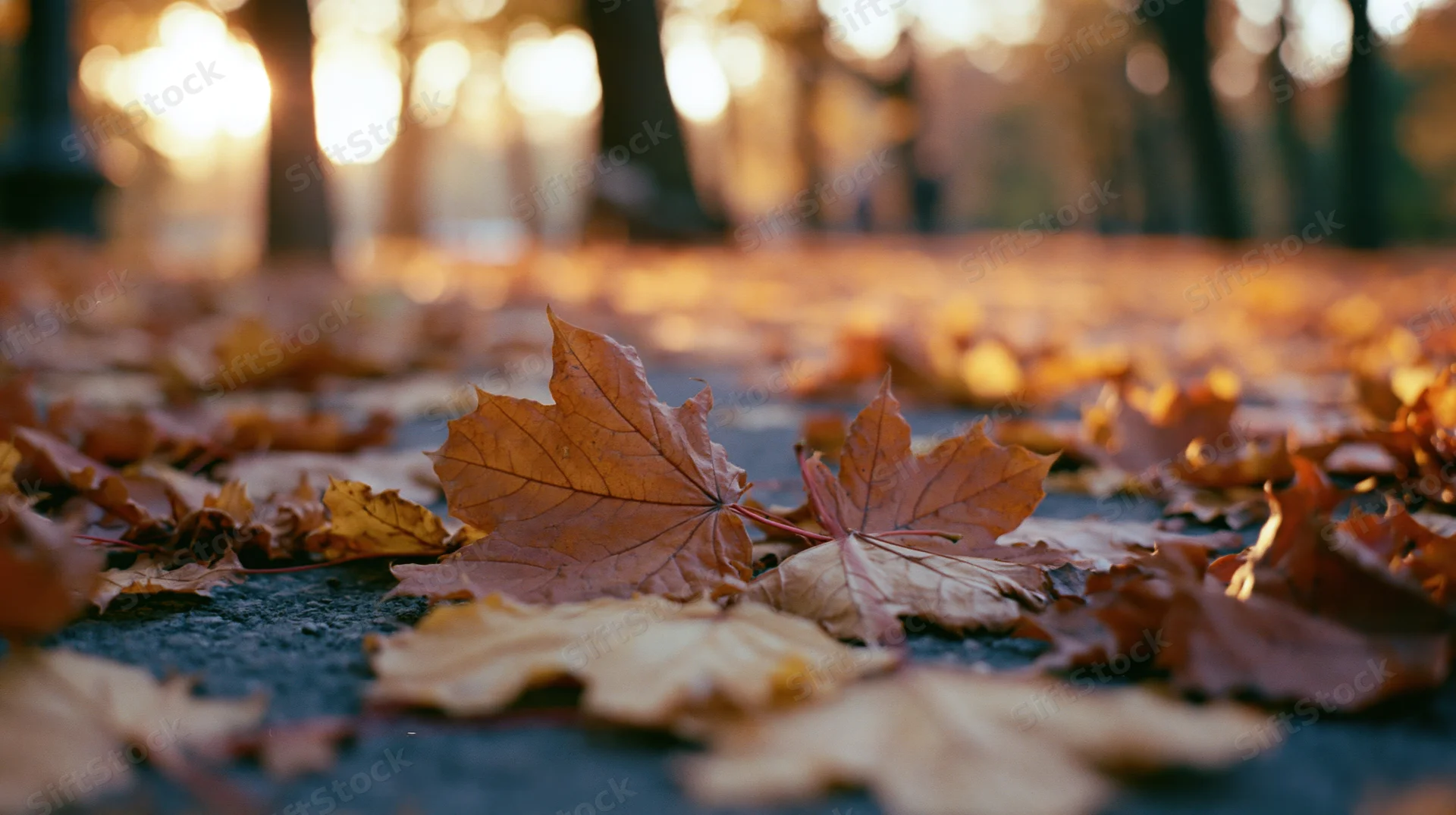 Fallen maple leaves scattered across a park path in autumn light