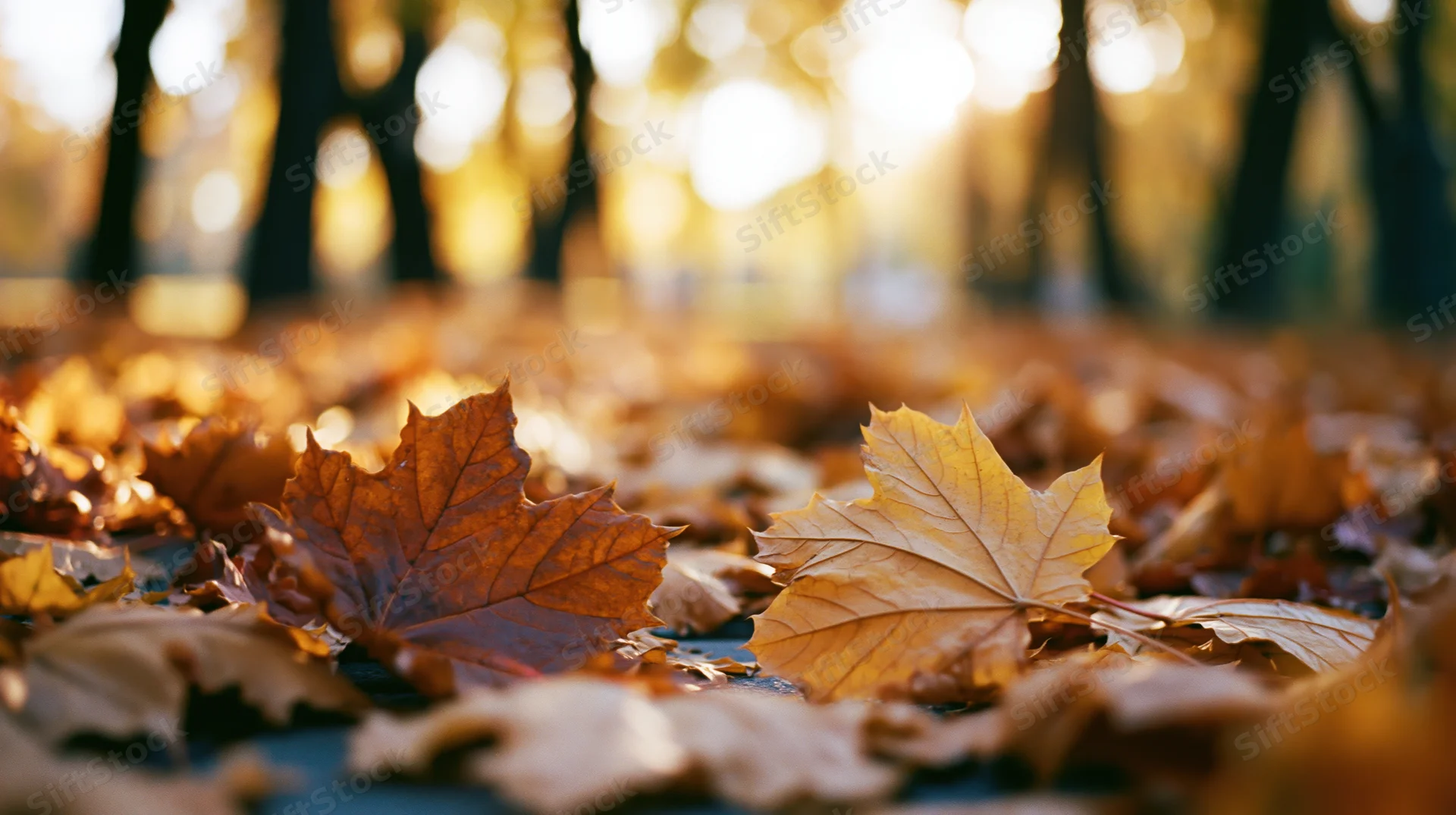 Fallen maple leaves scattered across a park path in autumn light