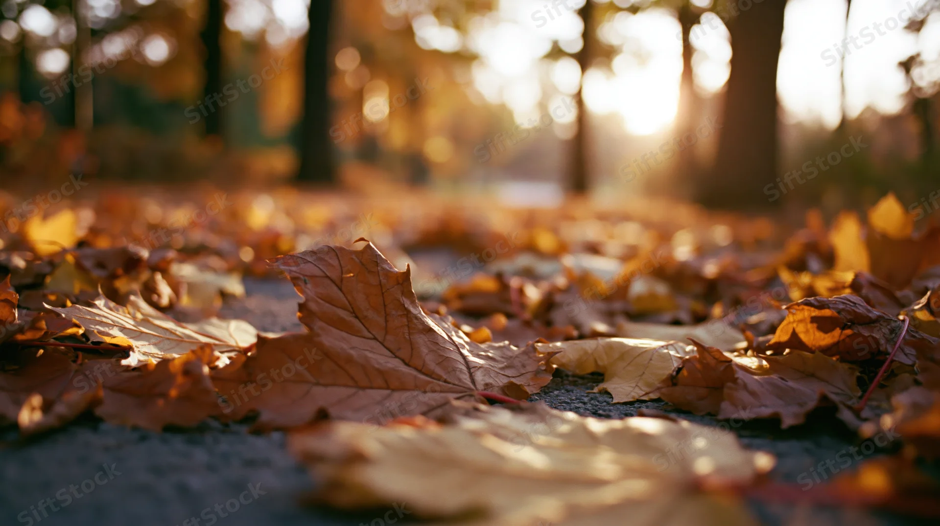 Fallen maple leaves scattered across a park path in autumn sunlight
