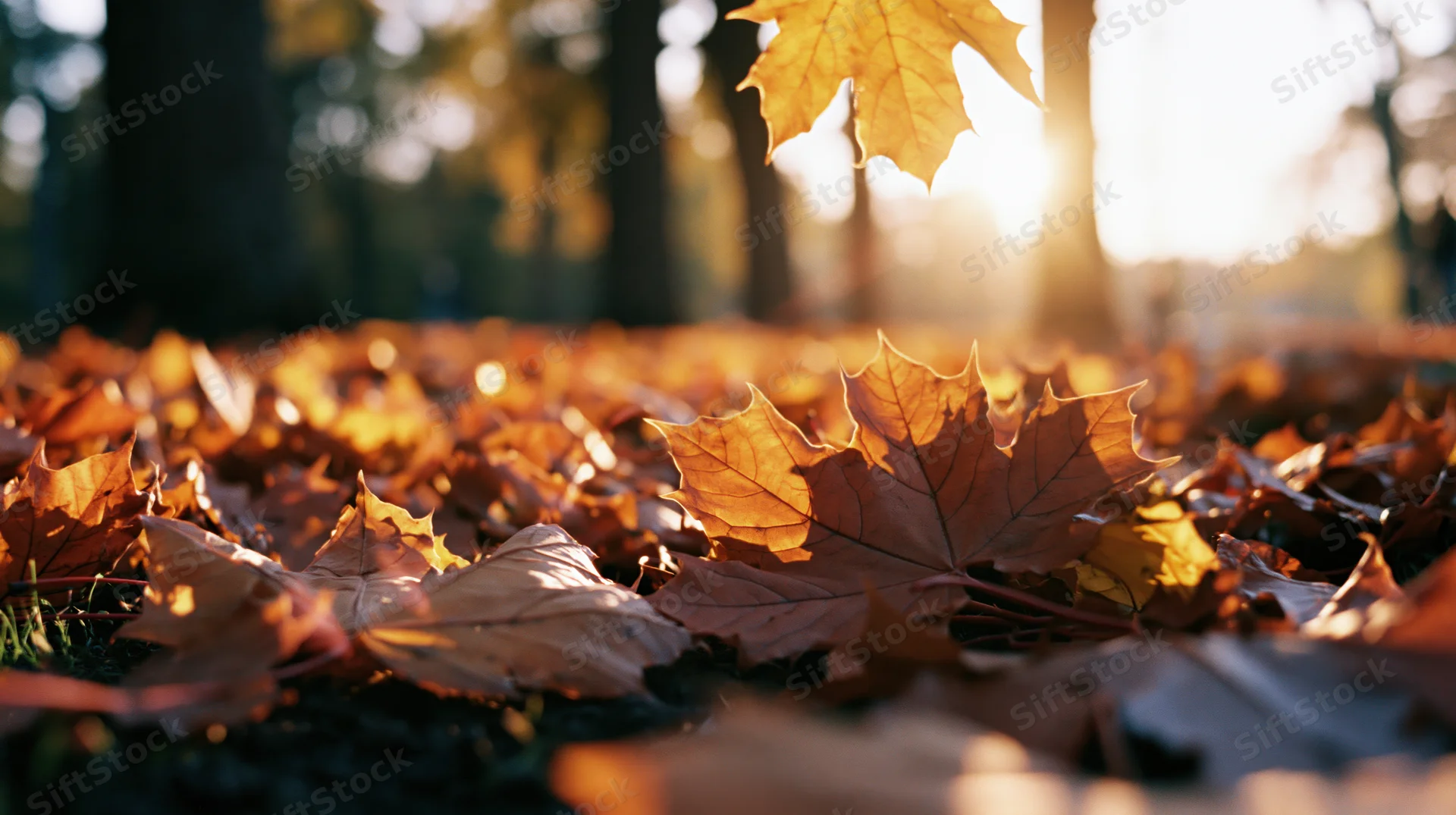 Fallen maple leaves scattered on forest ground in autumn sunlight