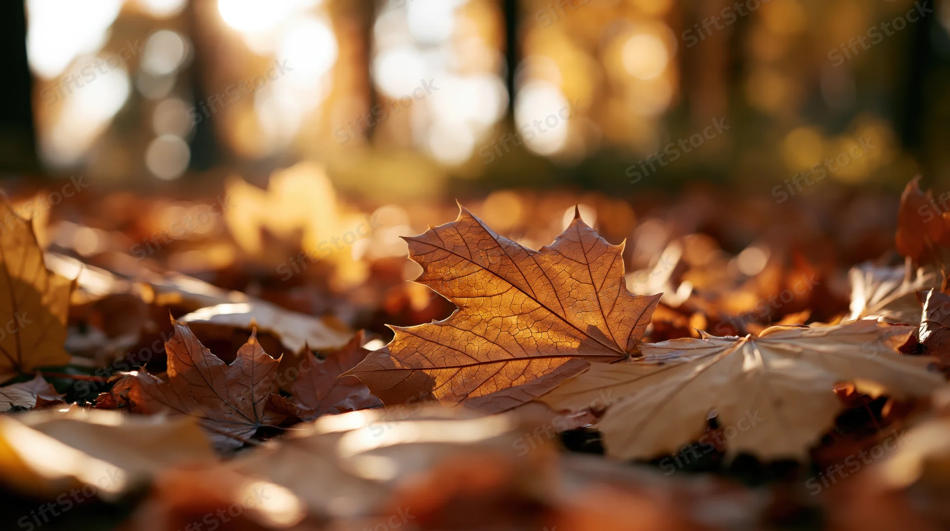 Fallen maple leaves scattered across forest ground in autumn sunlight
