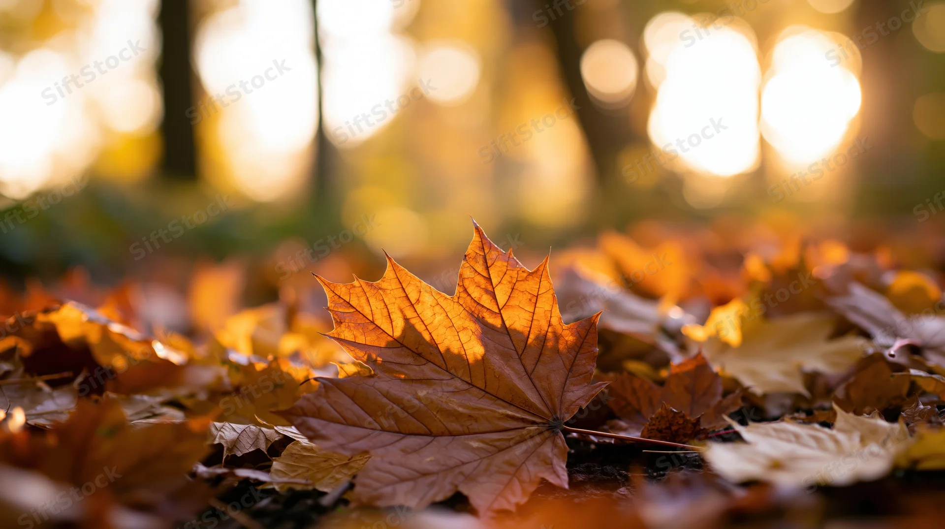 A maple leaf resting on fallen leaves in a sunlit forest during autumn