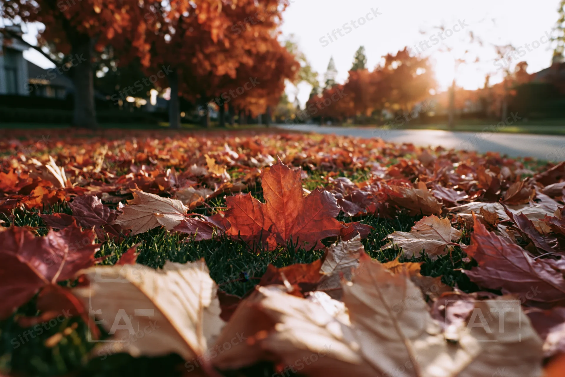 Fallen maple leaves covering a suburban lawn at sunrise