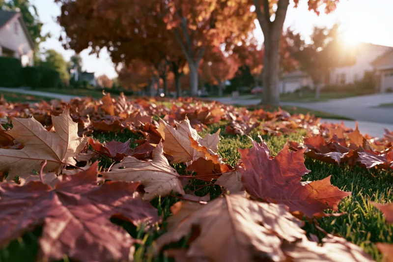 Fallen maple leaves scattered across a green suburban lawn at sunset