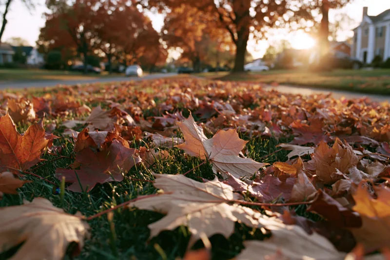 Fallen maple leaves scattered across a suburban lawn at sunset