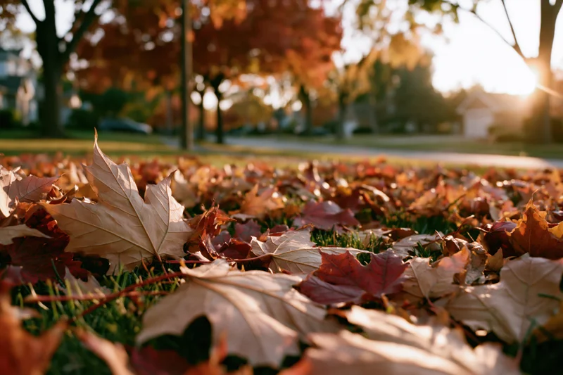 Fallen maple leaves scattered across green grass in a suburban yard at sunrise