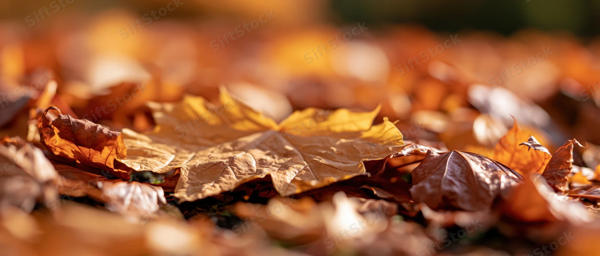 Closeup of fallen maple leaves scattered on the ground in autumn sunlight
