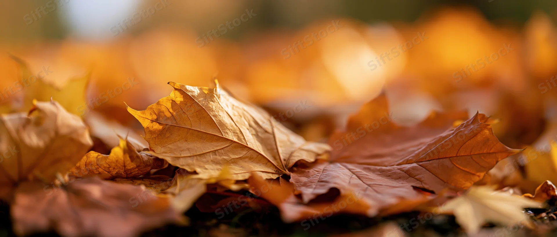 Closeup of fallen maple leaves scattered on the ground in autumn