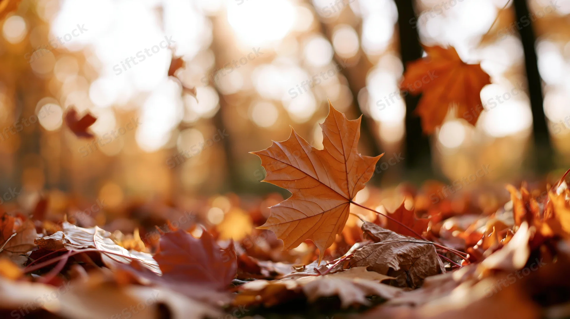 Fallen maple leaves scattered on forest ground in autumn sunlight