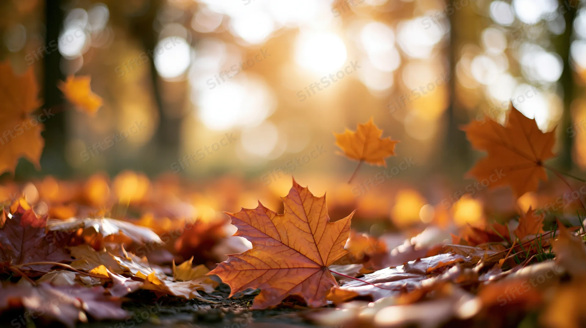 Maple leaves scattered on forest floor in autumn sunlight