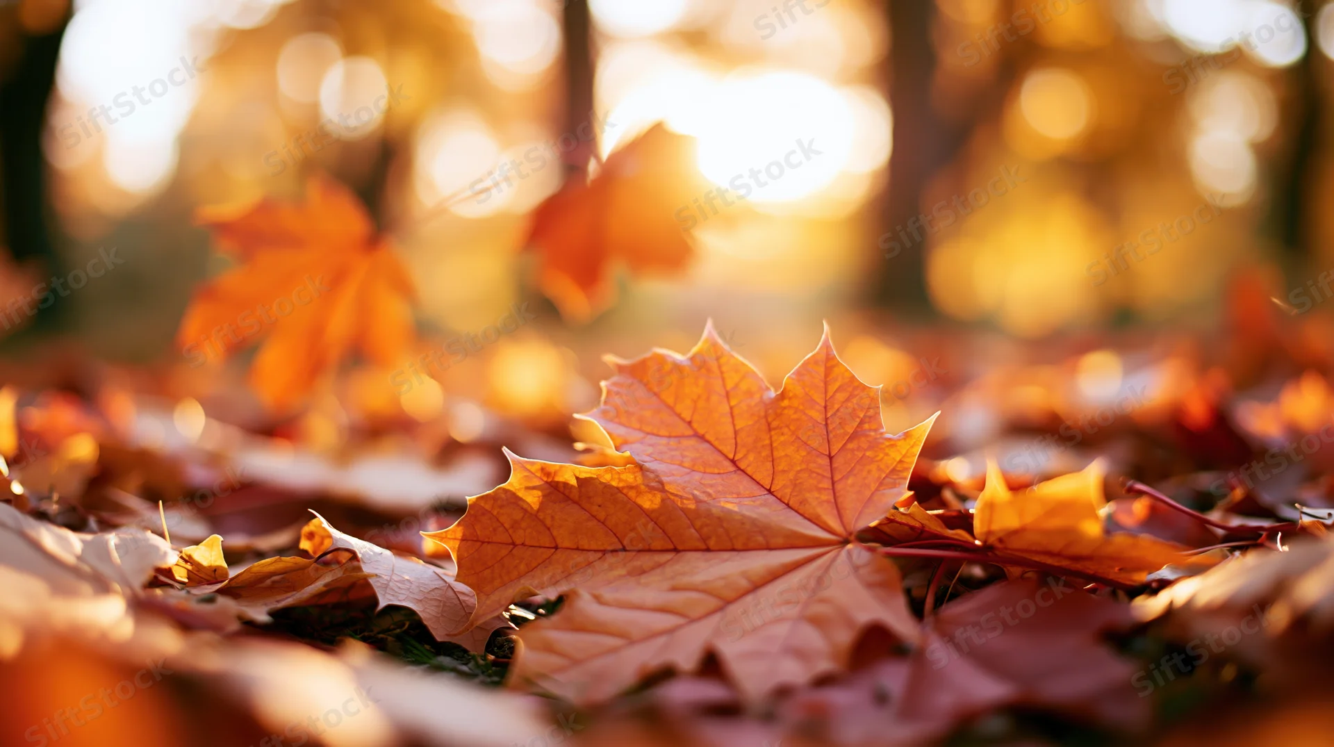 Maple leaves scattered on forest ground in autumn sunlight