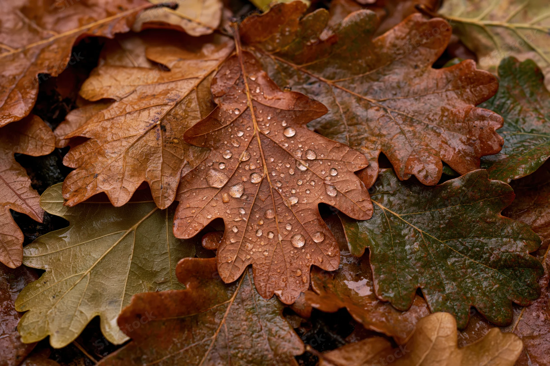 Wet oak leaves scattered on forest floor with raindrops on surface