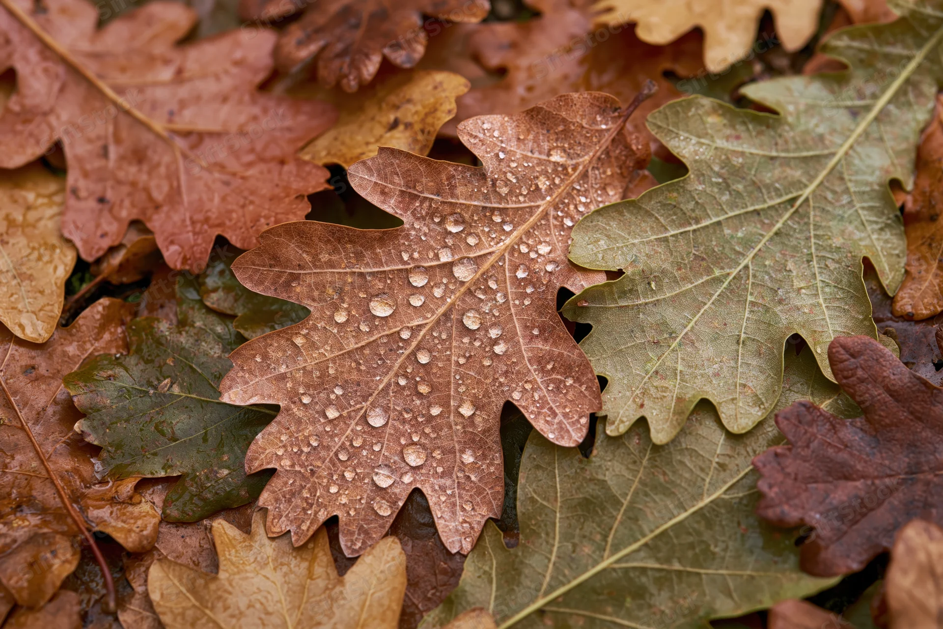 Wet oak leaves scattered across forest floor with water droplets on surface