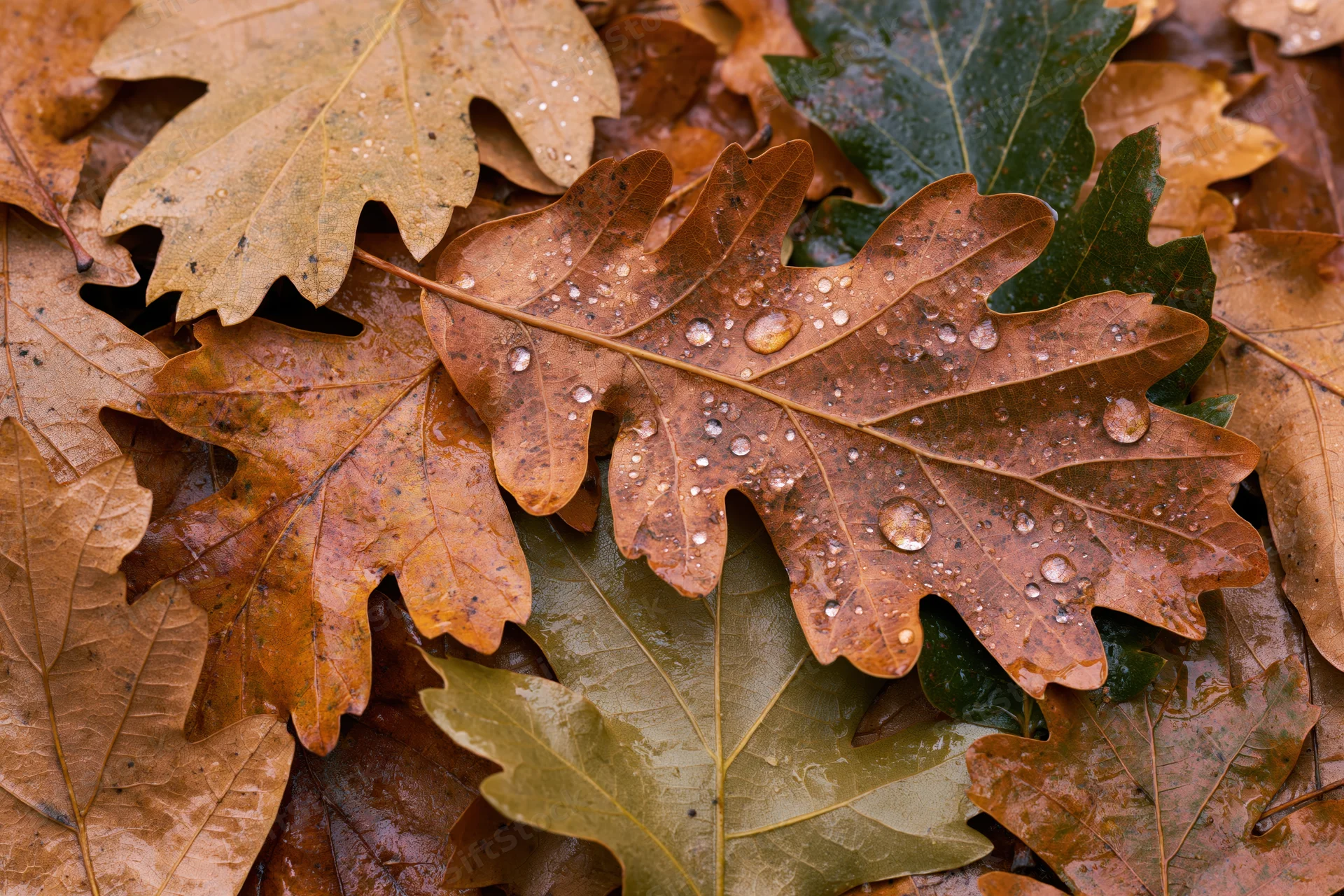 Wet fallen oak leaves scattered on forest floor with raindrops on surface