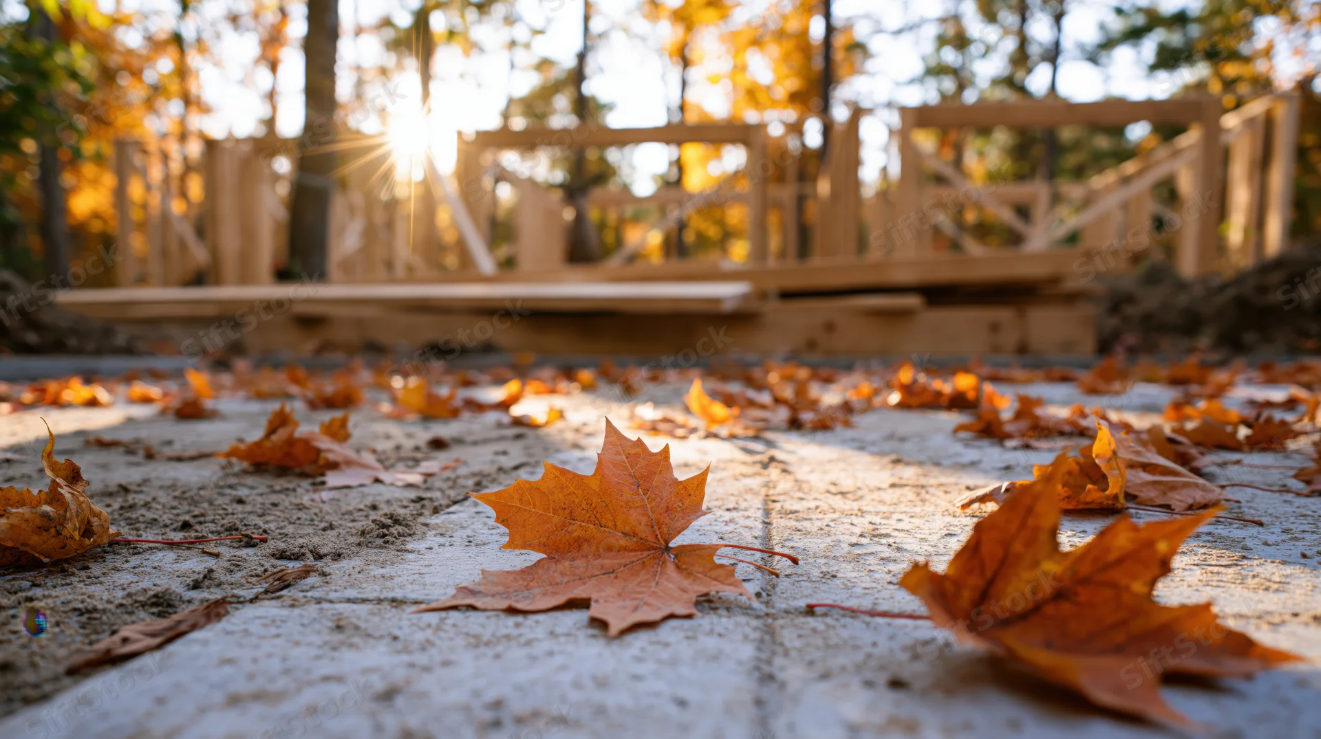 Fallen maple leaves scattered across a concrete pathway near a wooden bridge in a forest at sunrise