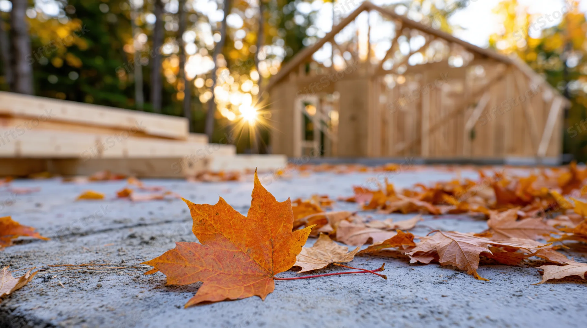Fallen maple leaves on concrete foundation with wooden house frame in background during autumn