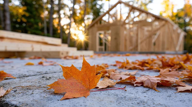 Fallen maple leaves on concrete foundation with wooden house frame in background during autumn