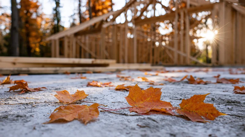 Fallen maple leaves on concrete foundation with wooden house frame in background during autumn