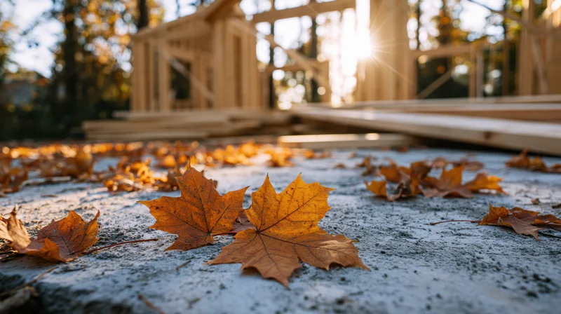 Fallen maple leaves on concrete ground in front of a wooden house frame under sunlight