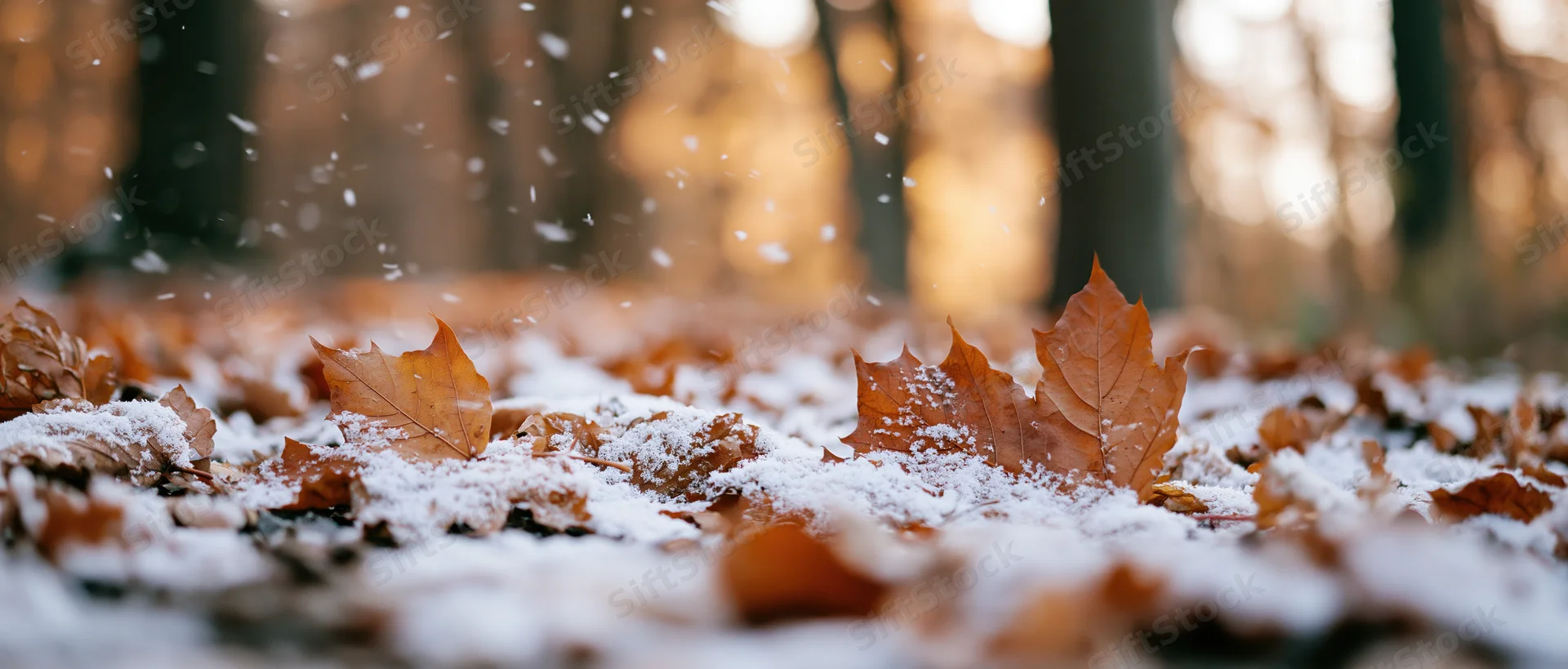 Snow dusting fallen maple leaves on forest ground in autumn