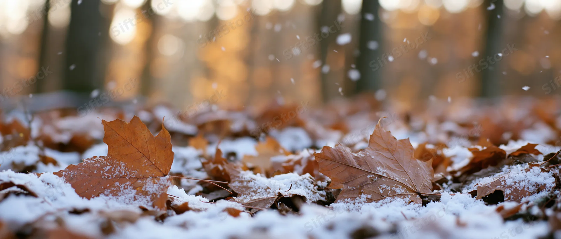 Snow-dusted maple leaves on forest floor at autumn twilight