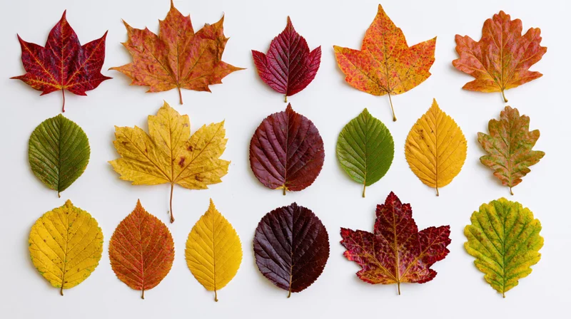Fifteen autumn leaves of various species arranged in rows on white background
