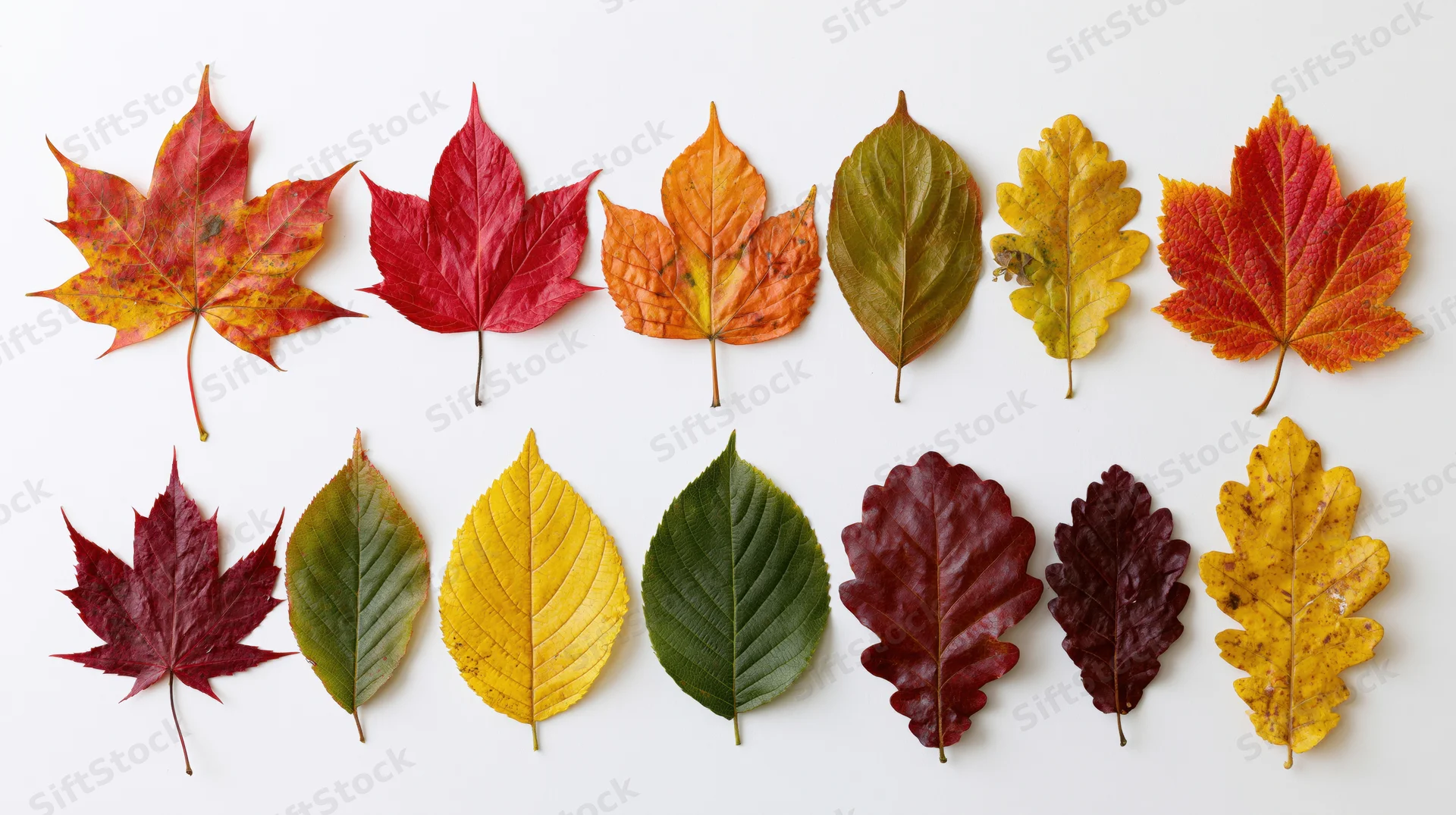 Fifteen autumn leaves of various species arranged in two rows on white background
