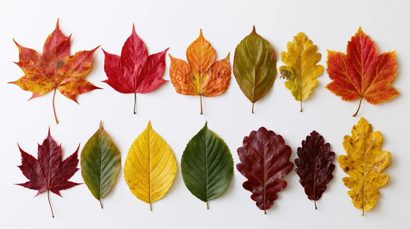 Fifteen autumn leaves of various species arranged in two rows on white background