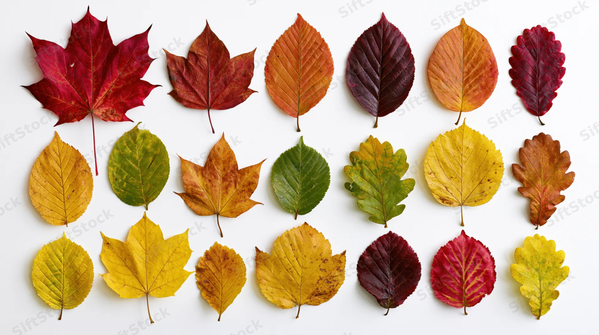 Fifteen autumn leaves of various species arranged in rows on white background