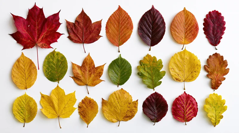 Fifteen autumn leaves of various species arranged in rows on white background