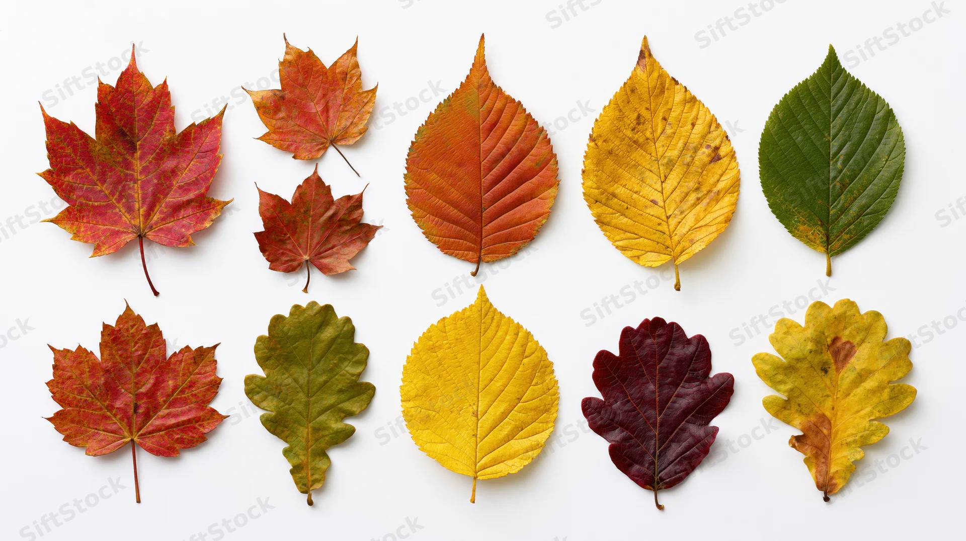Fifteen autumn leaves of various species arranged in two rows on white background