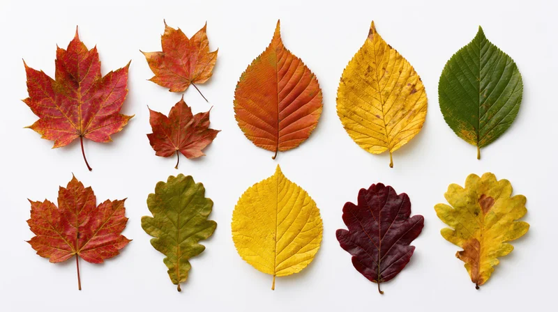 Fifteen autumn leaves of various species arranged in two rows on white background