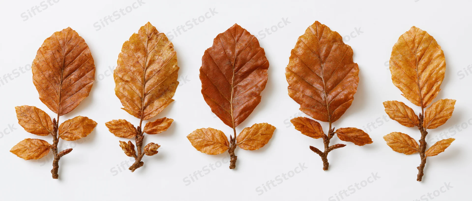 Five dried beech leaves and small branch clusters arranged in a row on white background