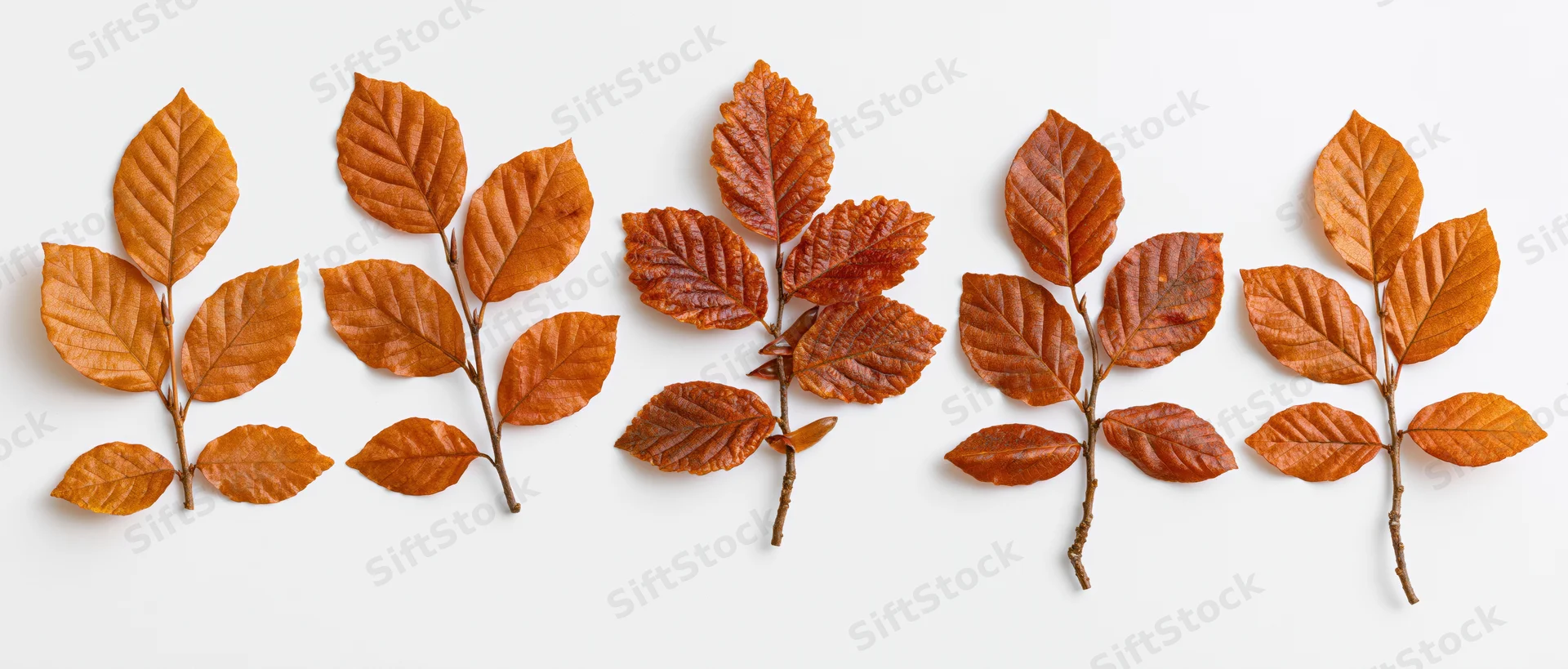 Five autumn beech leaf clusters arranged horizontally on white background